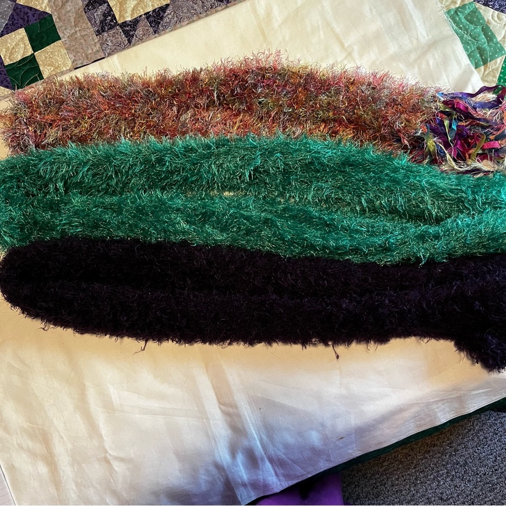 Handmade 3 fuzzy scarves-purple, green, and pink